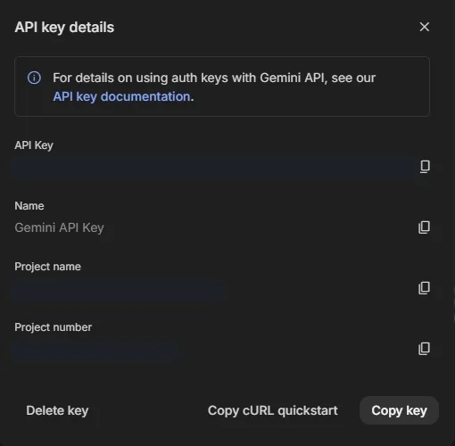API key details dialog with a Copy key button (key value redacted).